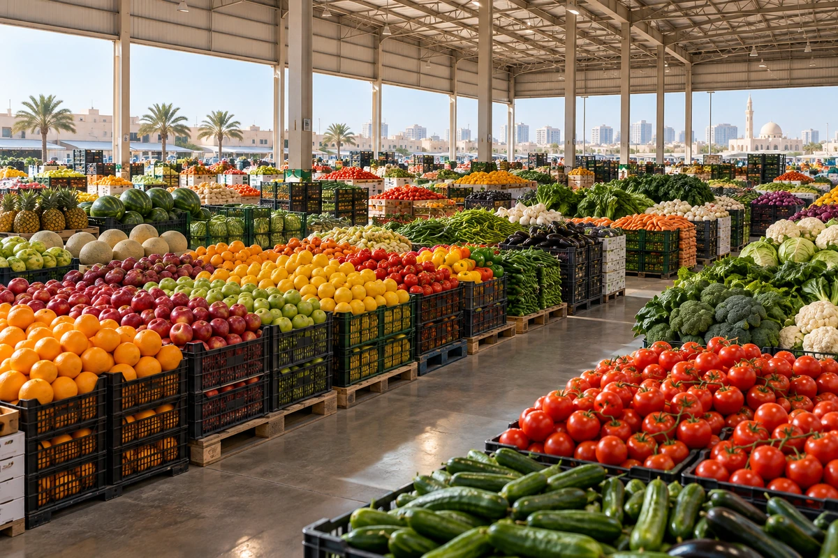 Organized produce crates in a wholesale interior