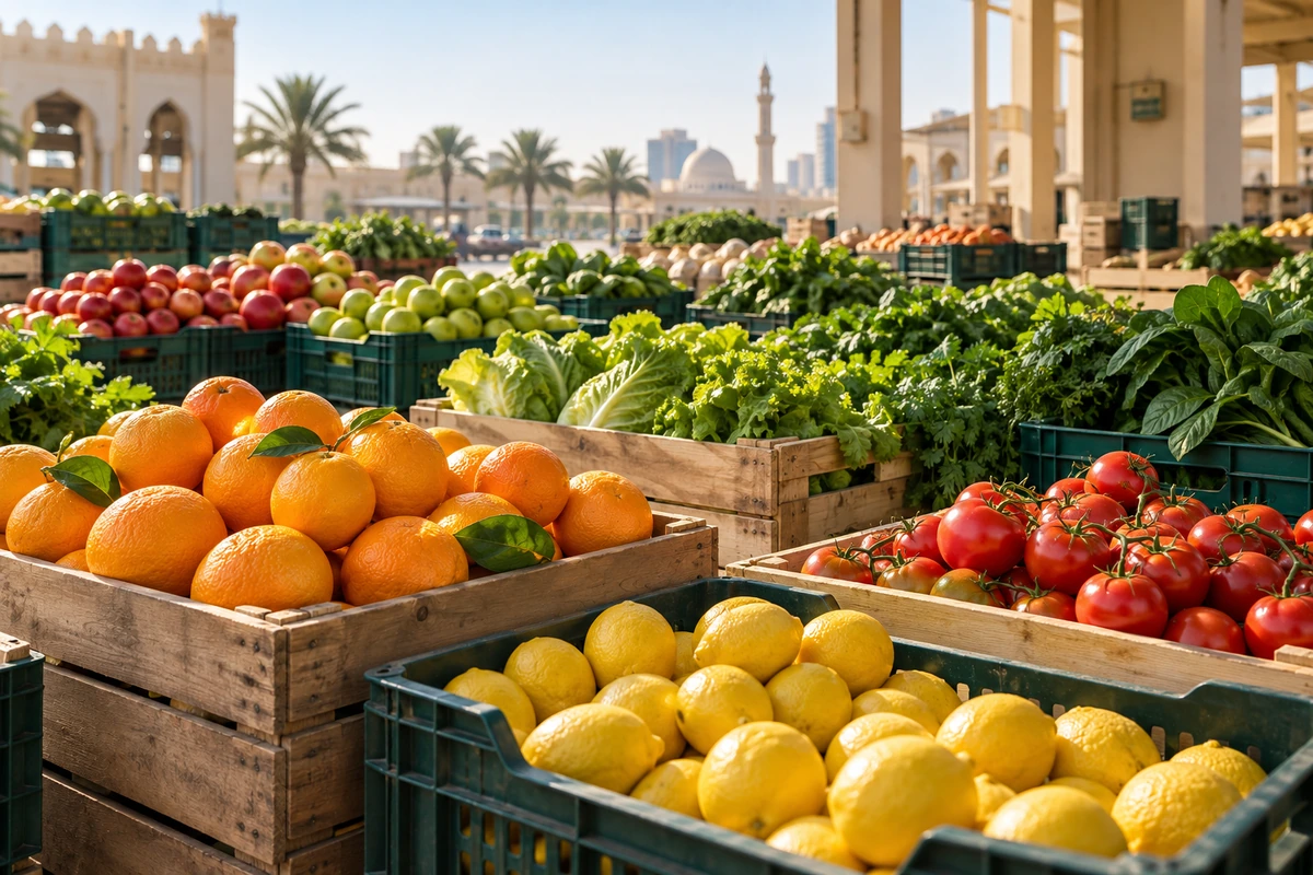 Fresh produce arranged in wholesale crates